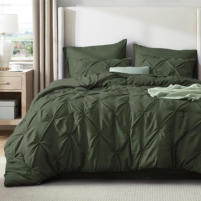 Bedsure Twin Comforter Set Olive Green - Bed in a Bag Twin Size Bedding 5 Pieces, GentleSoft™ Pintuck Bed Set Gift for Family, Pinch Pleat Olive Green Comforter with Sheets, Pillowcase & Sham