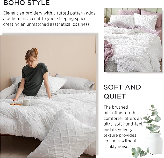 Bedsure Queen Comforter Set - Ivory Comforter, Boho Tufted Shabby Chic Bedding for Kids, 3 Pieces Vintage Farmhouse Bed Set for All Seasons, Fluffy Soft Bedding with 2 Pillow Shams