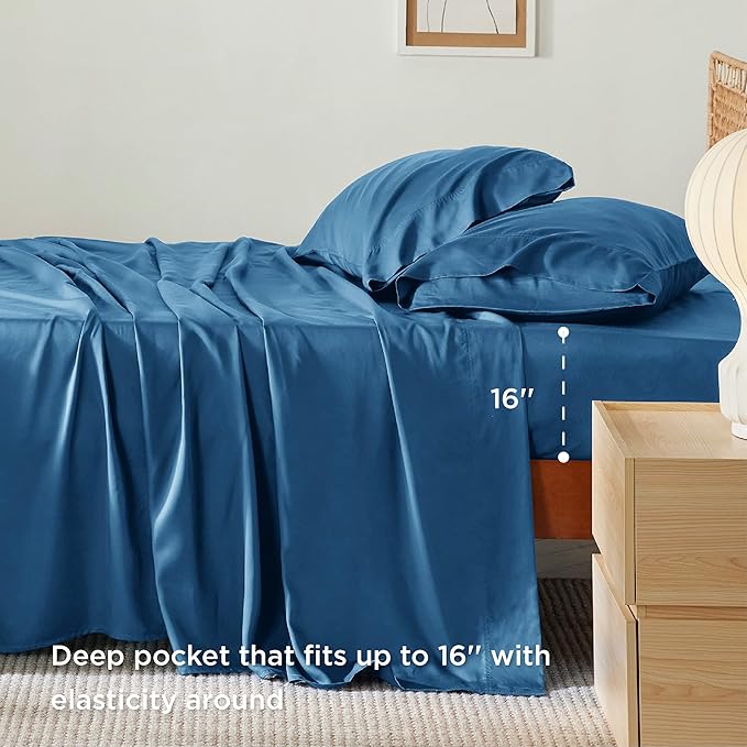 Bedsure Queen Sheets, Rayon Derived from Bamboo, Queen Cooling Sheet Set, Deep Pocket Up to 16", Breathable & Soft Bed Sheets, Hotel Luxury Silky Bedding Sheets & Pillowcases, Peacock Blue