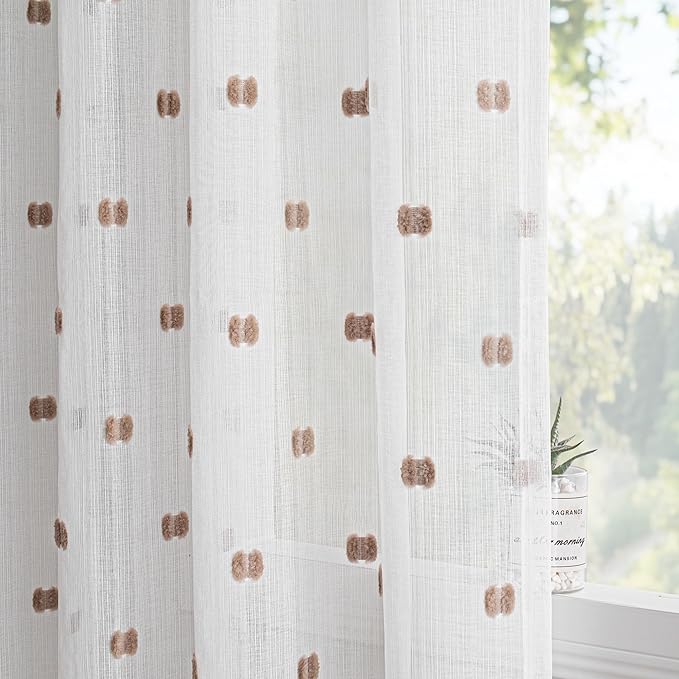 MYSKY HOME White Curtains for Bedroom 72 Inch Length Long Sheer Curtains for Kids Room Nursery Curtains with Taupe Patched Design Rod Pocket Privacy Window Drapes Dining Room 52" x 72" 2 Panels