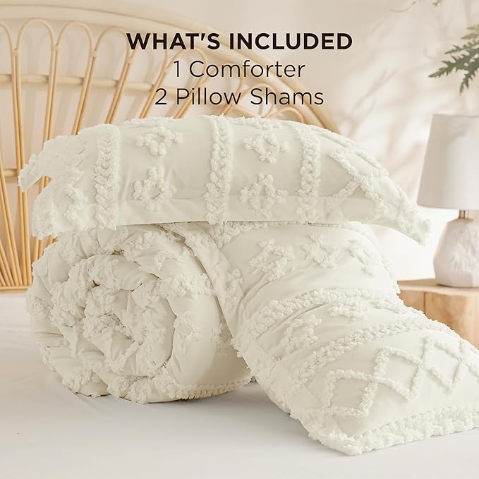 Bedsure Tufted Boho Comforter Set Oversized King - Ivory Boho Bed Set, GentleSoft™ 3 Pieces Farmhouse Shabby Chic Embroidery Bedding, Gifts for Woman, Soft Jacquard Comforter for All Seasons