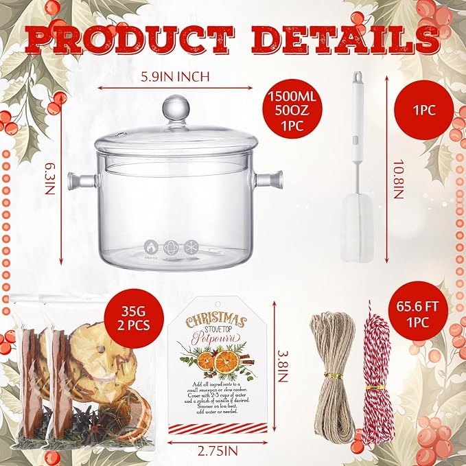 8 Pcs Christmas Stovetop Potpourri Simmer Pot Set Include Potpourri Kit Clear Glass Simmer Pot Stovetop Instruction Tags Holiday DIY Crafting Kit for Home Xmas Party Gift Decor