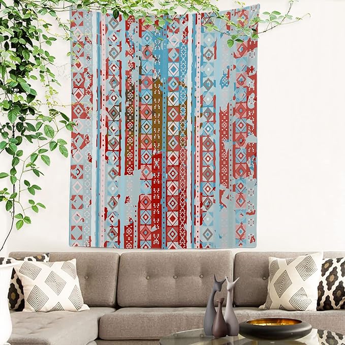 Batmerry Blue Grey Boho Garbage Tapestry, Red Wall Art Hanging Decoration Polyester Fiber White Ruffled Around for Dorm Room Bedroom Living Room, 59.1x39.4 inches