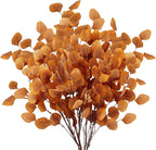 Sggvecsy 6 Pcs Fall Eucalyptus Leaves Artificial Eucalyptus Stems Long Silver Dollar Leaves Autumn Leaf Branches Fake Silk Eucalyptus for Christmas Home Autumn Festival Thanksgiving Decor(Orange)
