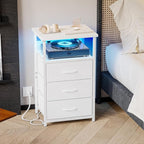 Fixwal White Nightstand with Charging Station, LED Night Stand with 3 Fabric Drawers and Open Shelf, Bedside End Table in Living Room
