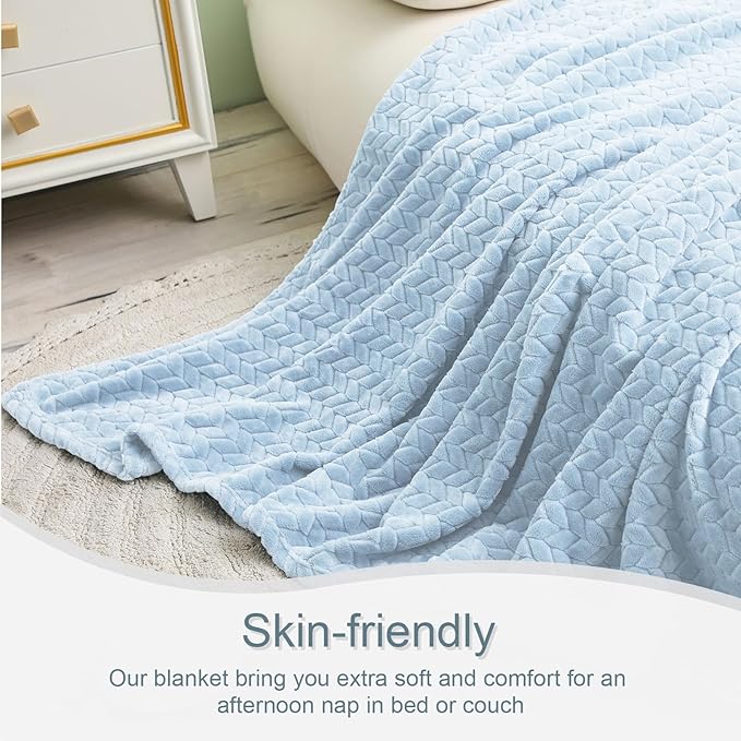 Exclusivo Mezcla Fleece Twin Size Blanket for Bed, 90x66 Inches Soft Cozy Jacquard Flannel Blankets, Lightweight Fuzzy Plush Warm for Winter, Light Blue