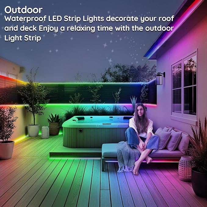 400ft Outdoor LED Strip Lights Waterproof,IP68 Outside Led Light Strips Waterproof with App and Remote,Music Sync RGB Exterior Led Rope Lights with Self Adhesive Back for Roof,Deck