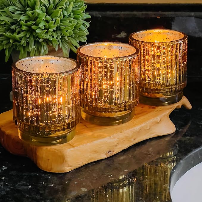 Kate Aspen Vintage Fluted Gold Glass Votive Candle Holders and Tea Lights Candles - Gold Candle Holders Set of 6 for Boho Home Decor, Kitchen Shelf and Bookshelf Decor, Rustic Table Decorations