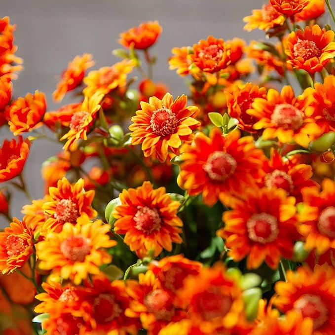 Artificial Mums for Outdoors, Faux Sunset Mum Flowers Planters for Indoor Outside Decor, Fake Look Real, Vibrant, UV Resistant, Waterproof, Windproof (Orange, 5 Bundle)