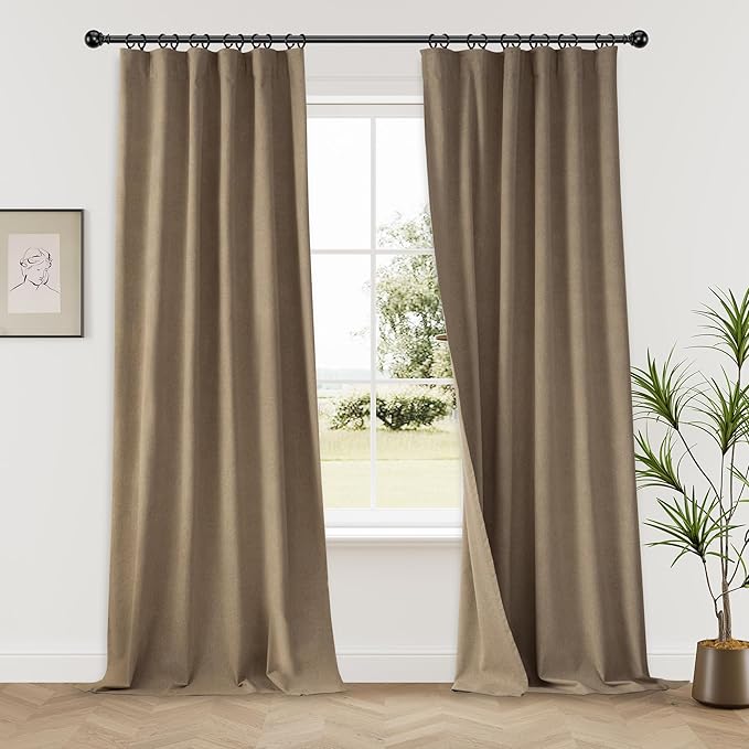 KangBang 2Pcs Extra Wide Blackout Linen Curtains & Drapes 108 Inch Length for Hall Large Windows, Back Tab/Rod Pocket/Hook Belt Black Out Curtains for Living Room Patio Sliding Door(84x108, Biscuit)