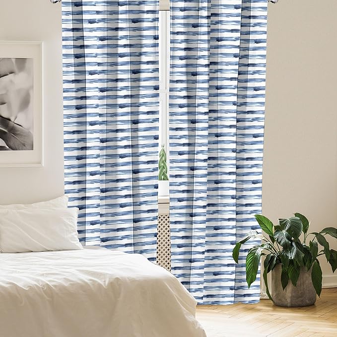Ambesonne Harbour Stripe Window Curtains, Watercolor Style Paintbrush Stripes Sea Marine Life Lines Image, Lightweight Decor 2-Panel Set with Rod Pocket, Pair of - 28" x 84", Blue Night