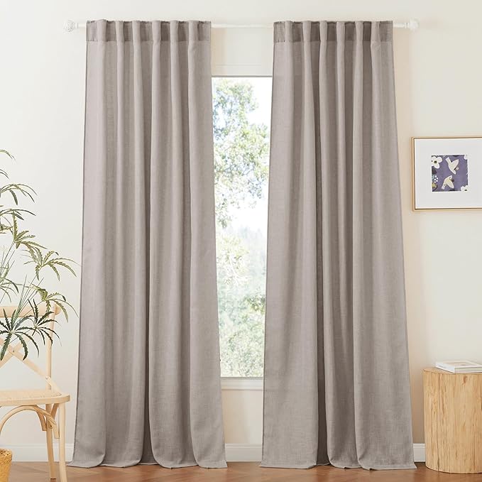 RYB HOME Sheer Curtains 95 inches Long - Linen Texture Semi Sheer Draperies Light Airy Breezy Window Decor for Sun Room Hotel Office Dorm Open House Bedroom, Birch Brown, W 52 x L 95, 2 Pcs
