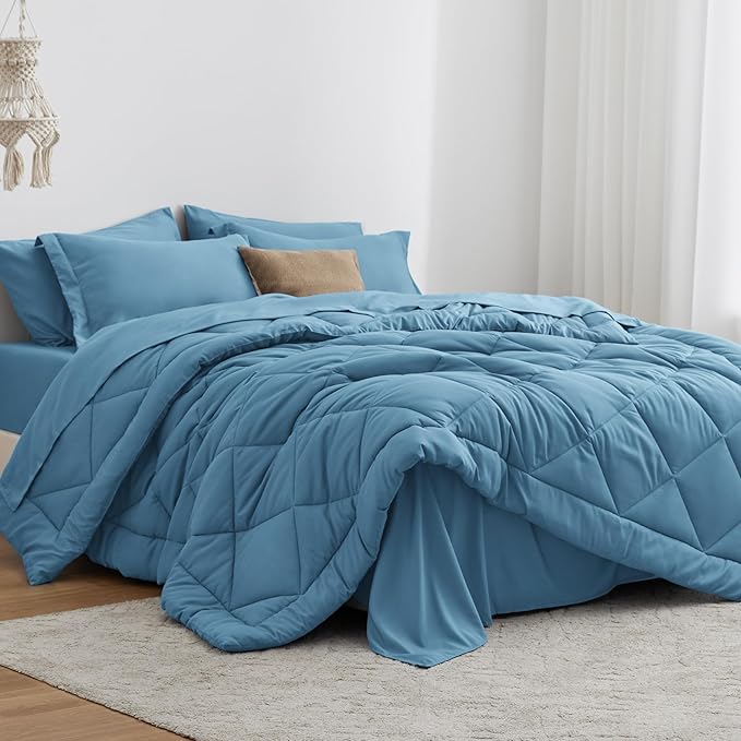 Love's cabin Twin XL Comforter Set Misty Blue, 5 Pieces Twin XL Bed in a Bag, All Season Bedding Sets with 1 Comforter, 1 Flat Sheet, 1 Fitted Sheet, 1 Pillowcase and 1 Pillow Sham