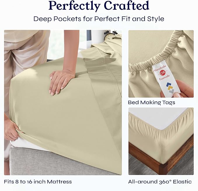California Design Den California King Sheet Sets - Soft 400 Thread Count Sateen, 100% Cotton Bed Sheets with Deep Pockets, Breathable, Cooling and Durable Bedding Set - Beige (Golden Tone)