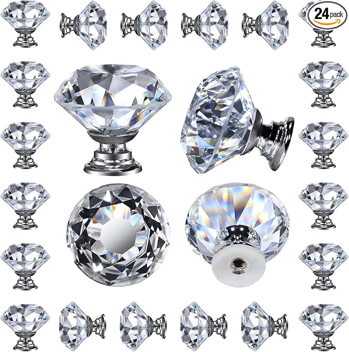 DEELF 24 Packs Kitchen Cabinet Knobs, 40 mm Crystal Cabinet Knobs, Diamond Dresser Handle Drawer Pulls, Dresser Knobs for Cabinets and Drawers, Silver Base