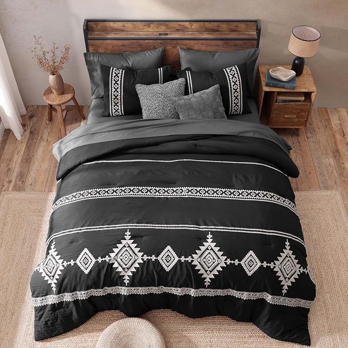 MaiRêve Embroidery Queen Size Comforter Set Black, Boho Farmhouse Western Bedding Set 7 Pieces, All Season Bed in A Bag Comforter Set with Sheets, Pillowcases & Shams