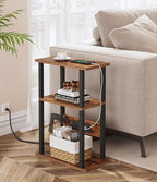 Narrow Side Table with Charging Station, 2 Set Skinny End Tables for Small Spaces, Sofa Beside-Table with Storage Shelf, Slim Nightstand with USB Ports Outlet, Couch Tables Rustic Brown UTBT003F2