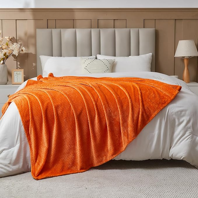 NEWCOSPLAY Super Soft Twin Blanket Orange Premium Silky Flannel Fleece Leaves Pattern Lightweight Bed Blanket All Season Use (Orange, Twin(60"x80"))