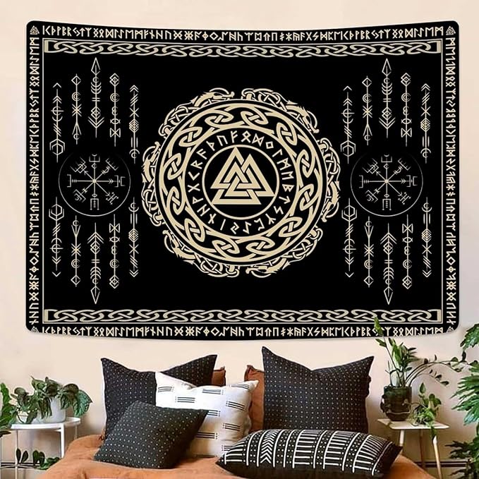 OSUNBD Nordic Viking Tapestry Wall Hanging - Small 60x40inches Soft Flannel with Valknut, Celtic Runes & Norse Mythology Scandinavian for Bedroom, Living Room Decor