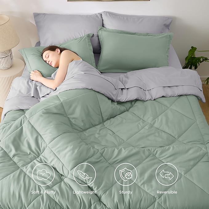 Bedsure California King Comforter Set - 7 Pieces Reversible Sage Green Bedding, California King Size Bed Set for All Seasons, Bed in a Bag with Down Alternative Comforter, Sheets, Pillowcases & Shams