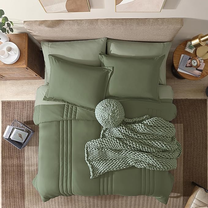 Monbix King Size Comforter Set - 7 Pieces Bed in a Bag King, Light Sage Green Bedding Sets with Comforter, All Seasons Down Alternative Comforter Bed Set with Sheets, Pillowcases & Shams