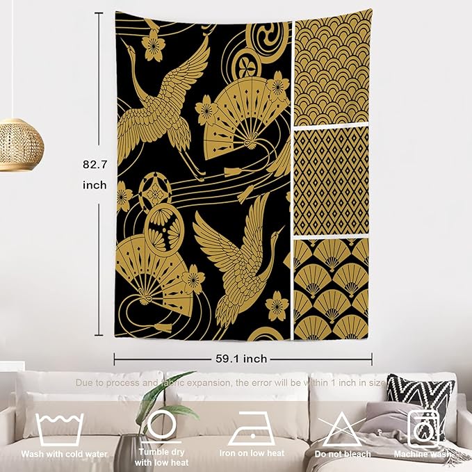 Batmerry Black Oriental Tapestry,Gold Japanese Fan Wall Art Hanging Decoration Polyester Fiber White Ruffled Around for Dorm Room Bedroom Living Room, 82.7x59.1 inches