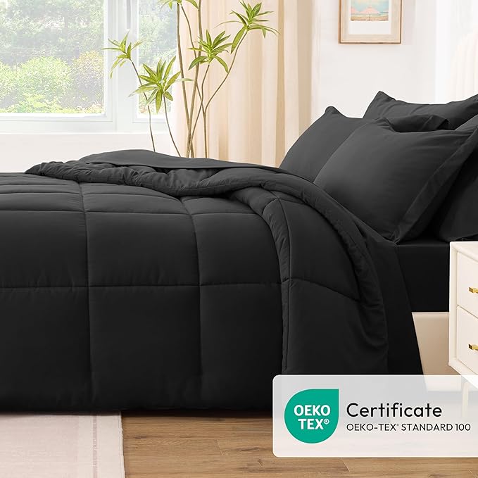 Love's cabin Queen Comforter Set Ash Black, 7 Pieces Queen Bed in a Bag, All Season Bedding Sets with 1 Comforter, 1 Flat Sheet, 1 Fitted Sheet, 2 Pillowcase and 2 Pillow Sham
