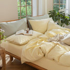MooMee Bedding Duvet Cover Set 100% Washed Cotton Linen Like Textured Breathable Durable Soft Comfy (Heathered Butter Yellow, Oversized Queen 98"x98")