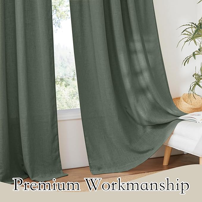 RYB HOME Spring Curtains for Living Room, Light Filtering Privacy Protection Linen Sheer Curtains for Sliding Glass Door, W 52 x L 90 inches, Hunter Green, 2 Panels Set