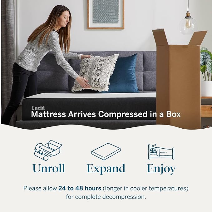 Lucid 8 Inch Memory Foam Mattress - Medium Plush Feel - Infused with Refreshing Bamboo Charcoal and Cooling Gel - Bed in a Box - Temperature Regulating - Pressure Relief - Breathable - Twin Size