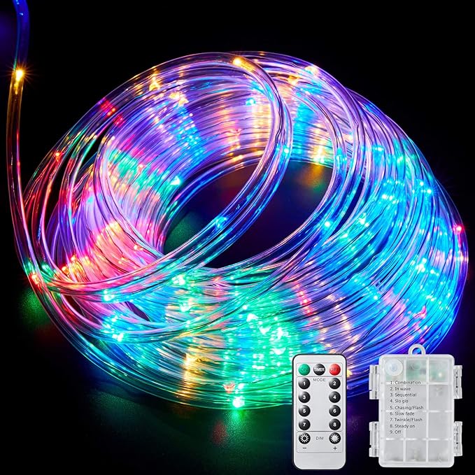 LED Rope Lights Outdoor String Light Battery Powered with Remote Control, 8 Modes Color Changing Waterproof LED Strip Light Fairy Light 40Ft for Christmas Party Camping Decoration, 1 P