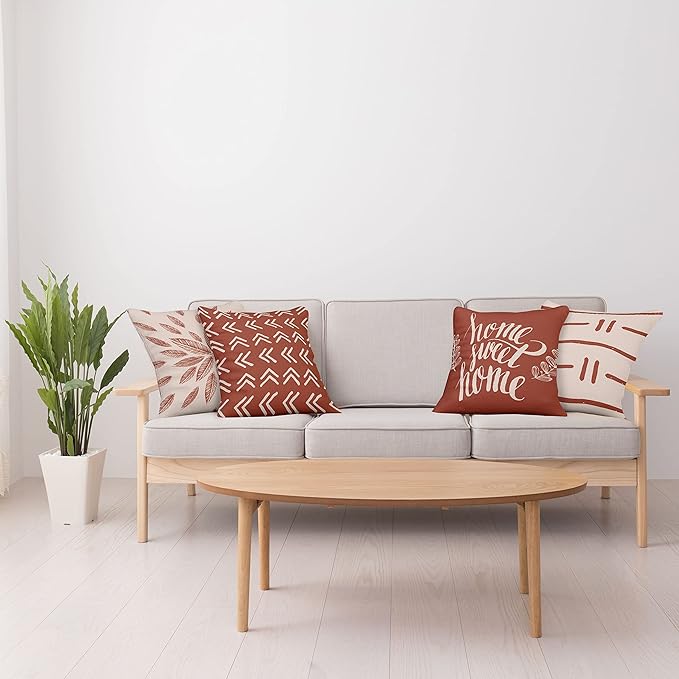Ambesonne Modern Throw Pillow Cushion Case Pack of 4, Scandinavian Minimal Ornaments Boho Feather Leaves and Home Phrase Print, Modern Accent Double-Sided Digital Printing, 20", Pale Tan and Dark Rust