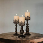 Distressed Black Candle Holders for Pillar Candles Set of 3, Vintage Crown Candle Stands for Table Centerpiece Decor, Tall Antique Metal Candle Holder Set for Fireplace Decoration, Ideal Gift