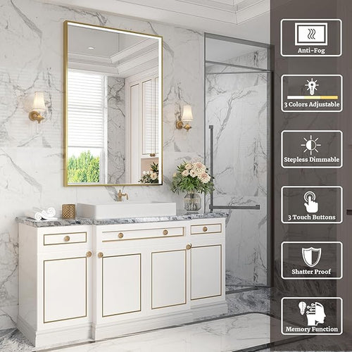 24x36 Inch LED Bathroom Mirror, Gold Metal Framed Lighted Mirror for Bathroom, Wall Mouted LED Vanity Mirror with Lights, 3 Colors and Stepless Dimmable, Anti-Fog, Memory