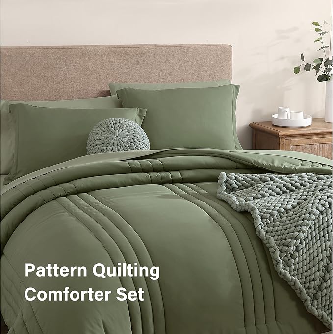 Monbix Queen Comforter Set - 7 Pieces Light Sage Green Bed in a Bag Queen Bedding Sets with Comforters, All Seasons Down Alternative Comforter Bed Set with Sheets, Pillowcases & Shams