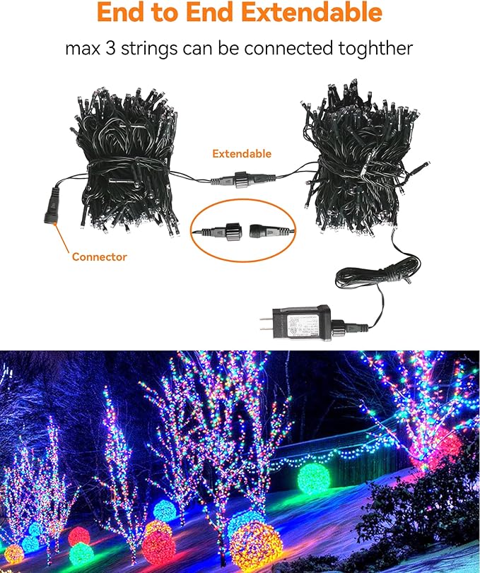 Blingstar Christmas String Lights - 98.4 Ft+9.8 Ft 300 LED Extendable Plug-in 8 Modes Multicolored Decorative Lights for Indoor Outdoor Xmas Tree Wedding Party, Long & Bright