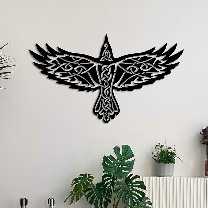 KAWA METALWORKS Nordic Viking Raven Metal Wall Art Decor, Norse Mythology Sculpture, Odin's Raven Wall Decor (White, Large - 20.4" x 36" H x W)