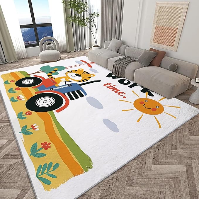 Washable Area Rug 5x8 ft Cartoon Farm Tiger Tractor 3D Print Area Rug for Living Room Bedroom Kids Room Home Decor Carpet, Indoor Non-Slip Floor Rug Mat, Low Pile Rugs