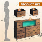 WLIVE TV Stand for 45, 50, 55 inch TV, Entertainment Center with LED Lights & Charging Station, TV Media Console Table with 8 Fabric Drawers and Open Shelves for Living Room, Hallway, Rustic Brown