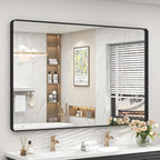 55x40 Inch Black Metal Framed Bathrrom Mirror for Wall, Black Matte Rounded Rectangle Bathroom Vanity Mirror, Anti-Rust, Tempered Glass, Hangs Horizontally or Vertically