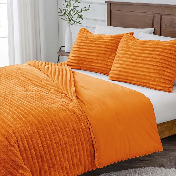 BEDELITE Fleece Twin Comforter Set -Super Soft & Warm Fluffy Burnt Orange Bedding, Luxury Fuzzy Heavy Bed Set for Winter with 1 Pillow case