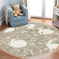 Round Rugs Forest Rabbits Floral Elements Cute Hand Drawn Rabbit Boho Area Rug Linen and Cotton Carpet Meditation Rug