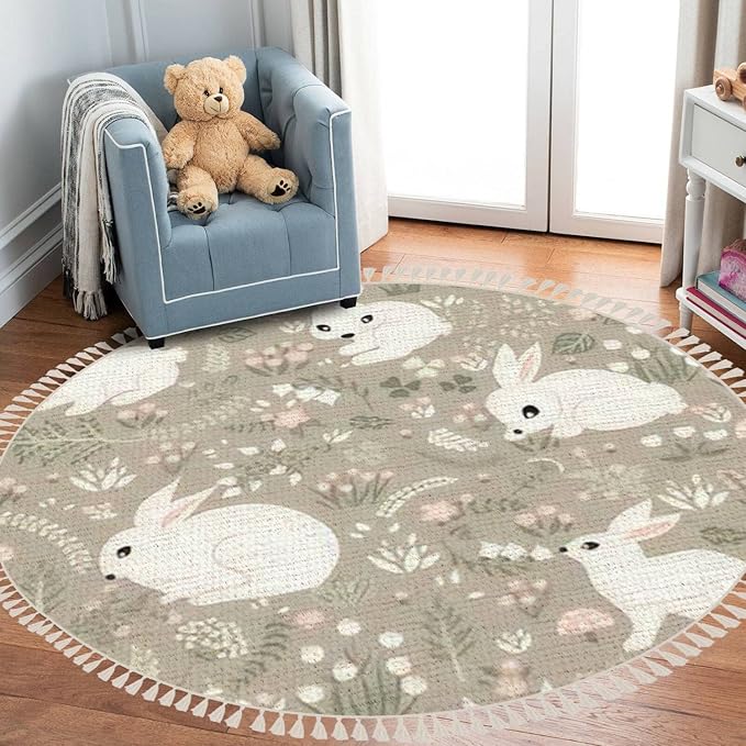 Round Rugs Forest Rabbits Floral Elements Cute Hand Drawn Rabbit Boho Area Rug Linen and Cotton Carpet Meditation Rug