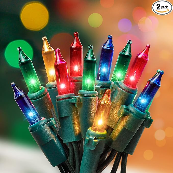 Hopolon Christmas Lights Multicolor,2PACK 13 Feet 50Count Incandescent Christmas Tree Lights with Green Wire,Connectable Mini Lights Set for Indoor,Outdoor,Holiday,Home,Party,Xmas,Easter,Multicolor