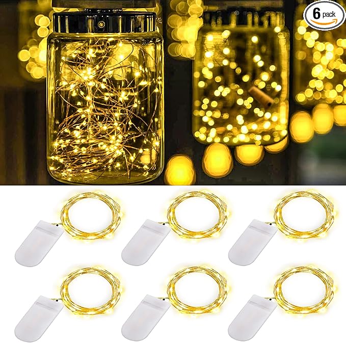 Fairy Lights Battery Operated, 6-Pack Mini String Lights, 20 LED 7ft Twinkle Firefly Starry Lights for DIY Craft Mason Jar Bedroom Wedding Party Table Christmas Decoration (Warm White)