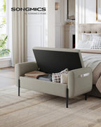 SONGMICS Storage Bench with Armrests, Ottoman with Storage for Living Room, Storage Ottoman Bench for Bedroom, Entryway, Living Room, Steel Legs, Camel Brown ULOM072K03