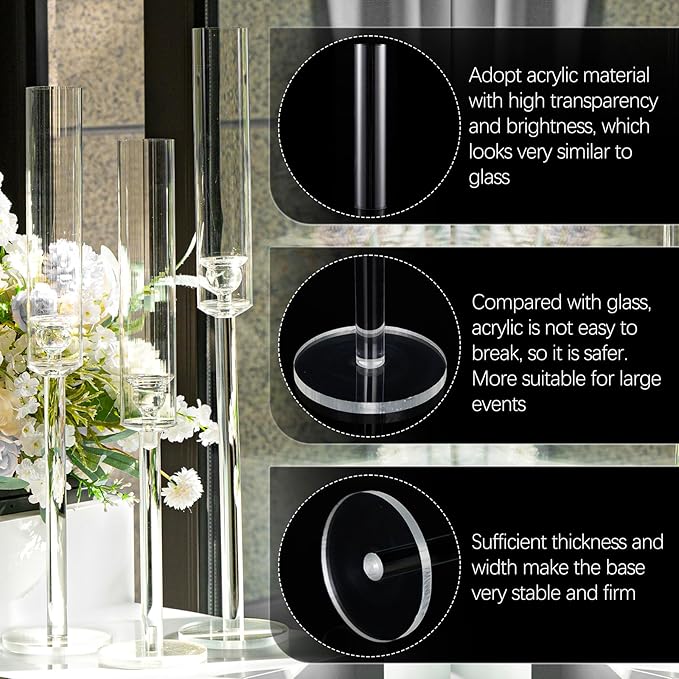 Vincidern 24pcs Taper Candle Holder Acrylic Candlestick Holder Clear Set for Table Centerpiece, Long Candle Stick Candle Stand Cylinder Shade for Halloween, Christmas Wedding Party Dining Room Decor