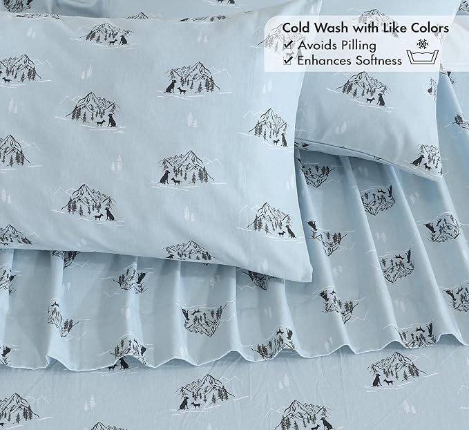 RUVANTI Flannel Sheets King Size - 100% Cotton Brushed King Bed Sheets Set - Deep Pockets 16 Inches - All Seasons Breathable & Extra Soft - Warm & Cozy, 4 Piece, Soul Dog