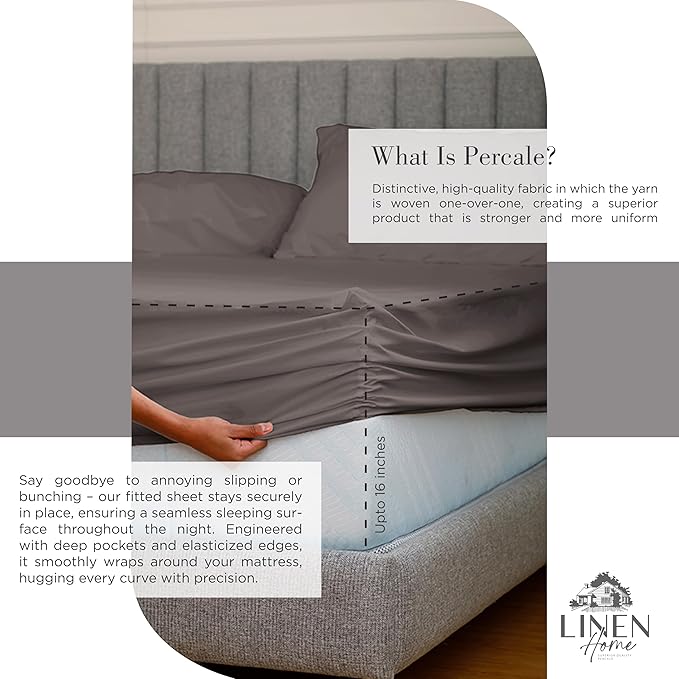 Linen Home 100% Cotton Percale Sheets Queen Size, Charcoal, Deep Pocket, 4 Pieces Set - 1 Flat, 1 Deep Pocket Fitted Sheet and 2 Pillowcases, Crisp Cool and Strong Bed Linen