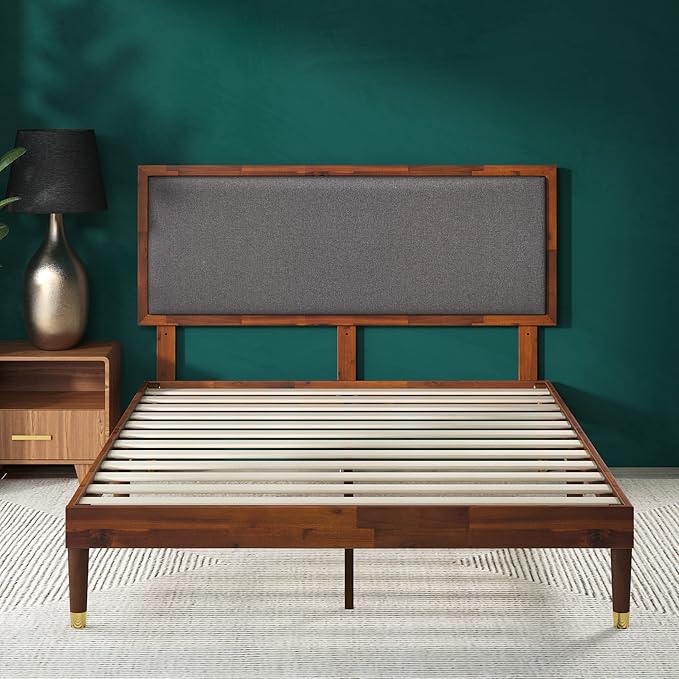 ZINUS Raymond Wood Platform Bed Frame with Adjustable Upholstered Headboard, Solid Wood Foundation, Wood Slat Support, No Box Spring Needed, Easy Assembly, King